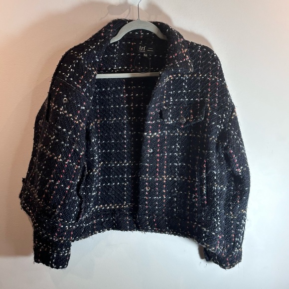 ZARA Sz S-M Trf Collection Black Plaid Wool Blend Metallic Snap Front Jacket - Picture 5 of 13